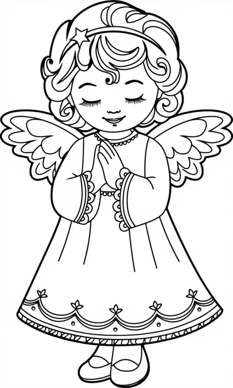Kolorowanka dla dzieci z uroczym aniołkiem w sukience do pokolorowania