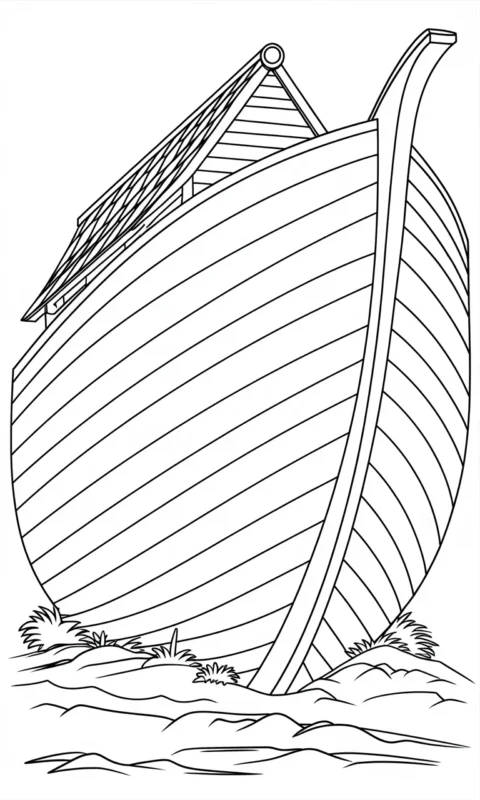 Kolorowanka dla dzieci przedstawiająca statek-arkę z drewnianą konstrukcją i roślinami dookoła do wydruku - kolorowanki religijne