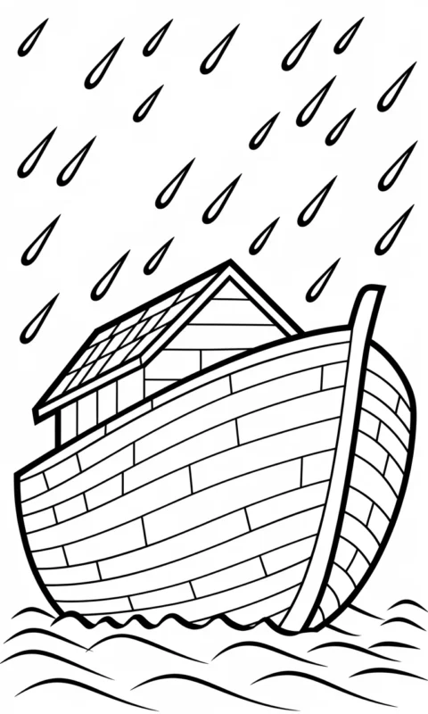 Kolorowanka dla dzieci przedstawiająca arkę podczas deszczu