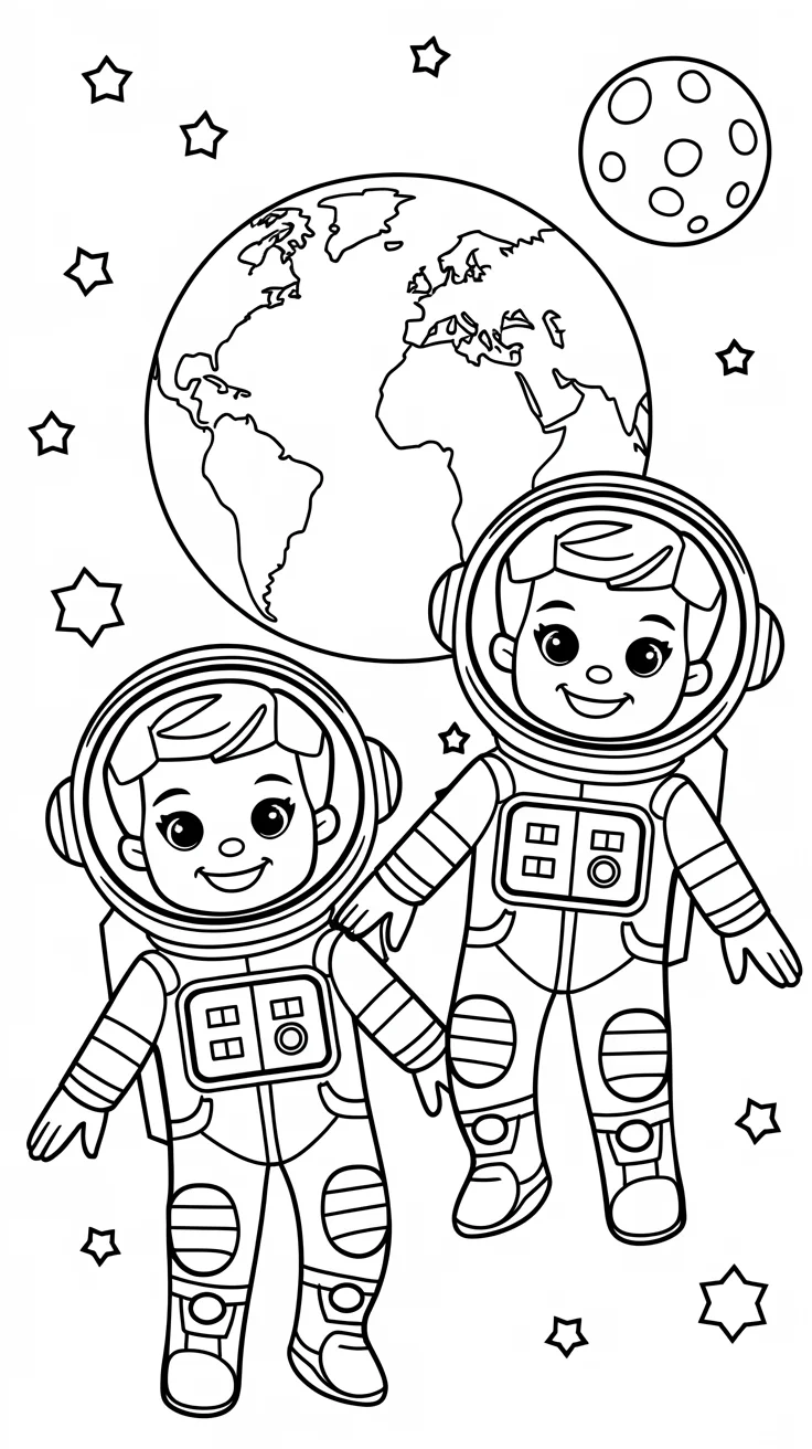 Kolorowanka: Dwoje małych astronautów odkrywających planetę Ziemię
