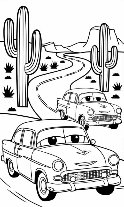 kolorowanka dla dzieci z dwoma autami jadącymi po pustyni