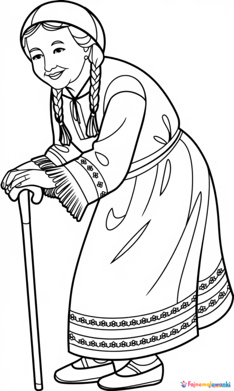 kolorowanka babcia w ludowej sukience z laską do pokolorowania dla dzieci