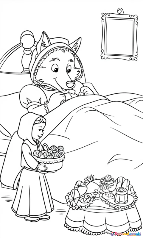 kolorowanka dla dzieci z bajkową sceną wilka w łóżku i postaci z koszyczkiem