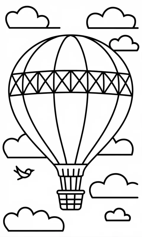 kolorowanka dla dzieci z balonem na gorące powietrze unoszącym się wśród chmur