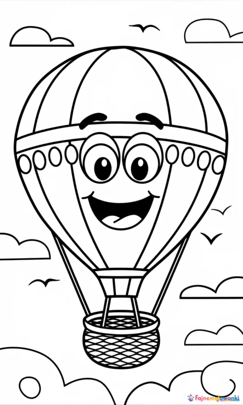 kolorowanka dla dzieci z uśmiechniętym balonem na gorące powietrze unoszącym się wśród chmur - kolorowanki balony