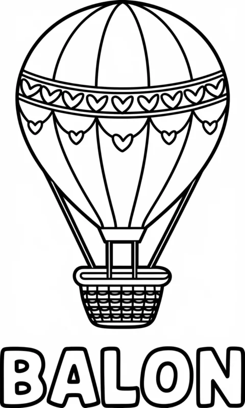 Kolorowanka dla dzieci przedstawiająca balon na gorące powietrze ozdobiony serduszkami do wydruku - kolorowanki alfabet litera b