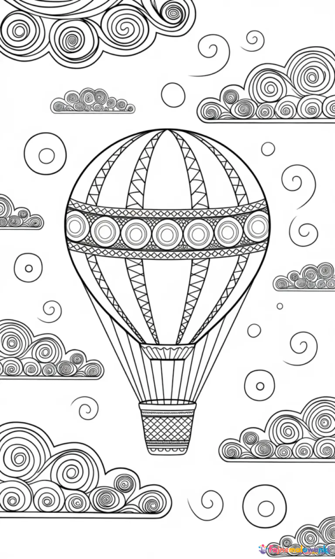 Kolorowanka dla dzieci balon na gorące powietrze z ozdobnymi wzorami w chmurach do wydruku - kolorowanki balony
