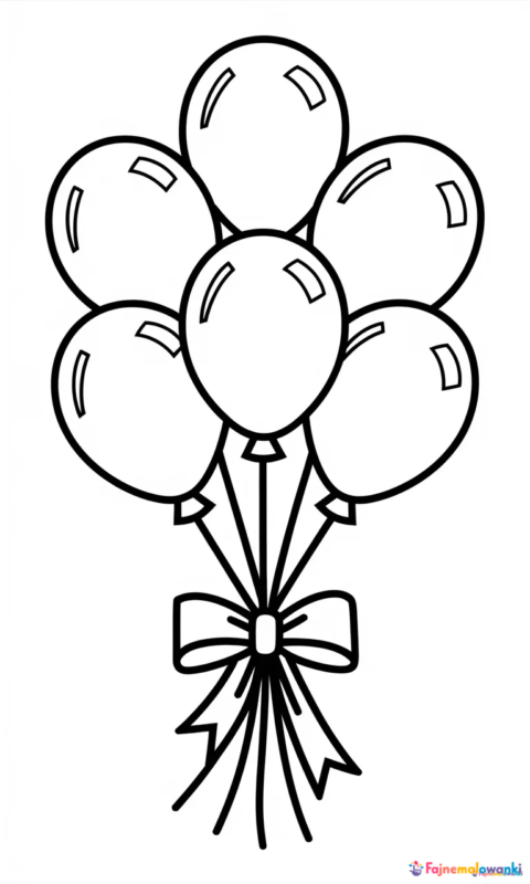 Kolorowanka dla dzieci z pięcioma balonami i kokardką