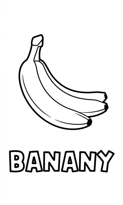 Kolorowanka dla dzieci przedstawiająca kiść dojrzałych bananów z napisem do pokolorowania - kolorowanki alfabet litera b