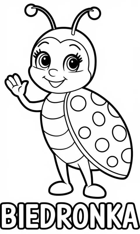 Kolorowanka dla dzieci przedstawiająca uśmiechniętą biedronkę machającą łapką