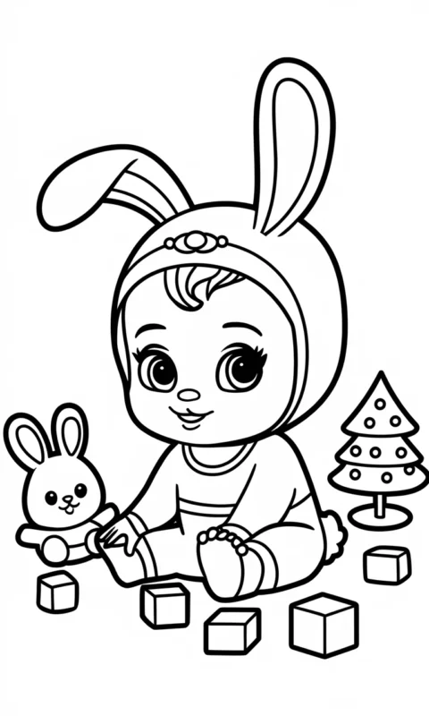 kolorowanka dla dzieci z małym dzieckiem w stroju króliczka bawiącym się zabawkami do pokolorowania - kolorowanki cry babies