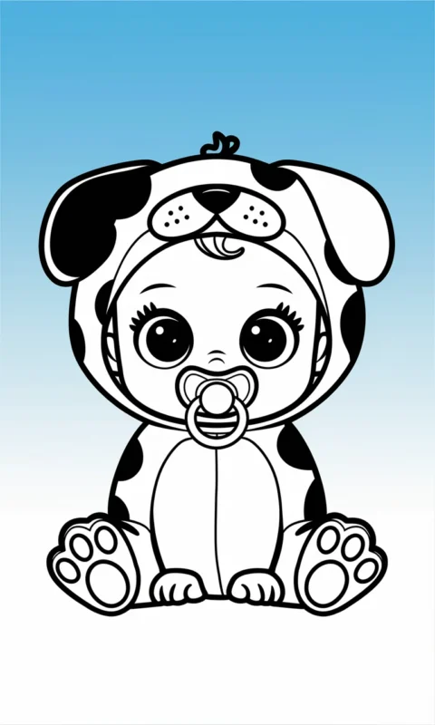 Urocza kolorowanka dla dzieci przedstawiająca bobasa w stroju szczeniaczka w kropki