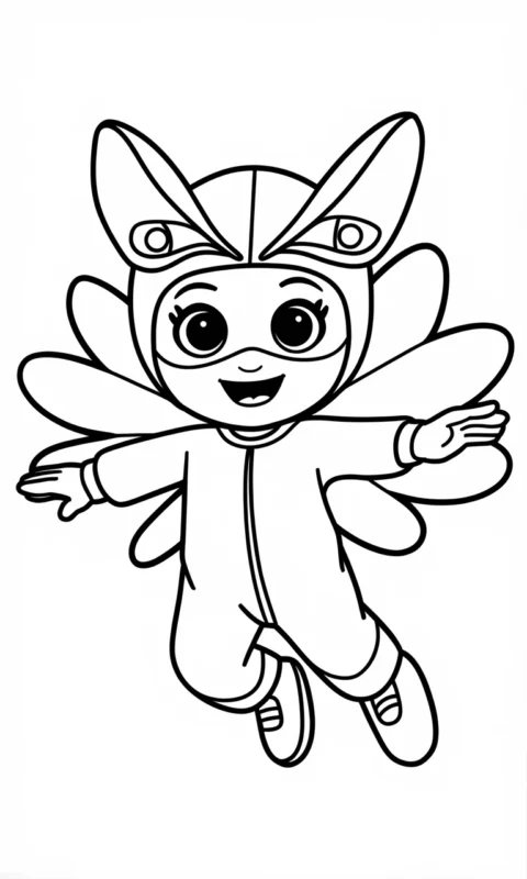 kolorowanka dla dzieci z uroczą postacią w stroju super-bohatera z kwiatowymi skrzydłami do pokolorowania - pj masks pidzamersi kolorowanki