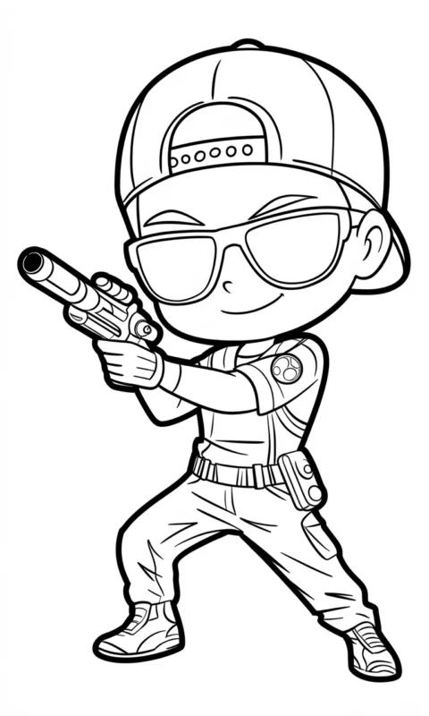 kolorowanka dla dzieci z postacią bohatera w okularach przeciwsłonecznych i czapce trzymającego futurystyczną broń - kolorowanki brawl stars