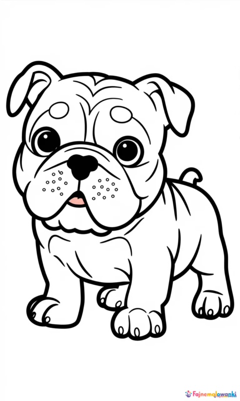 Kolorowanka dla dzieci przedstawiająca uroczego szczeniaka buldoga do pokolorowania