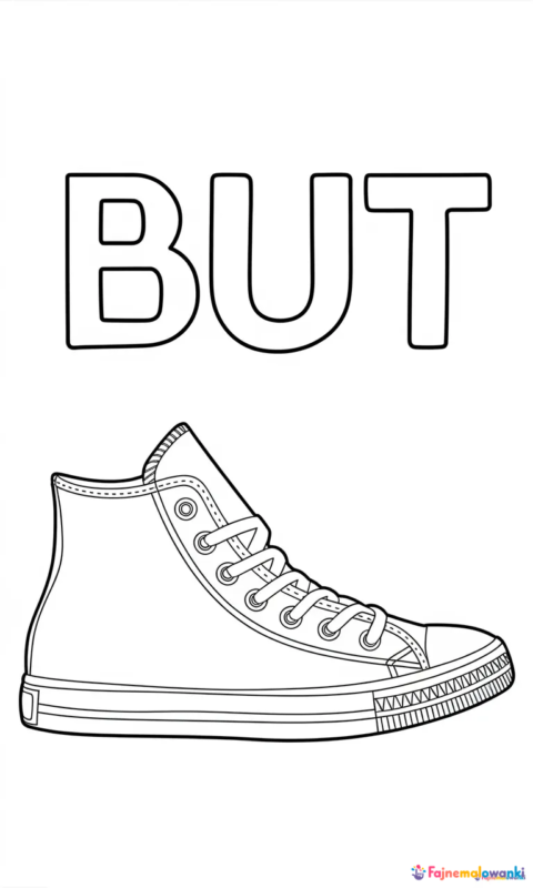kolorowanka dla dzieci przedstawiająca sportowe buty do pokolorowania z napisem BUT - kolorowanki alfabet litera b