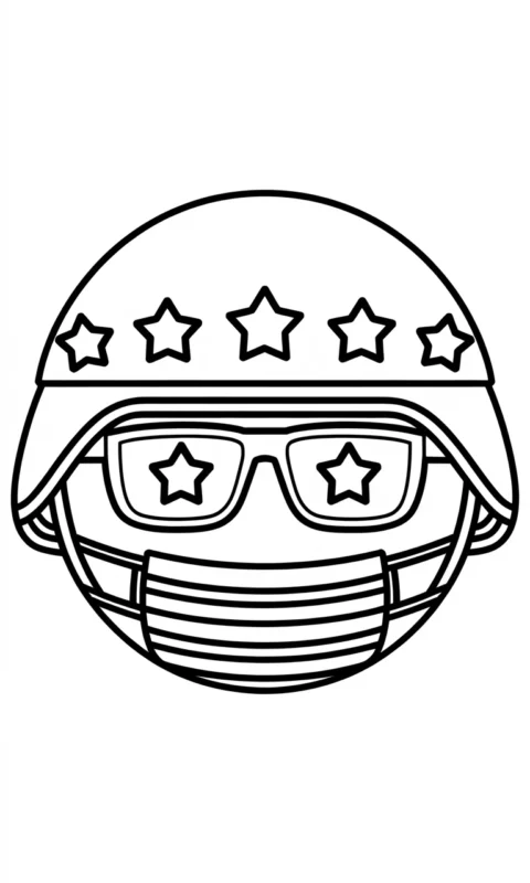 kolorowanka dla dzieci przedstawiająca zabawną buźkę w hełmie wojskowym z gwiazdkami i okularami do pokolorowania - kolorowanki countryballs