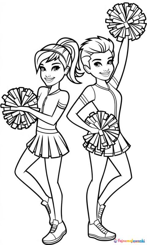 kolorowanka dla dzieci przedstawiająca dwie wesołe cheerleaderki z pomponami w strojach sportowych - kolorowanki bratz