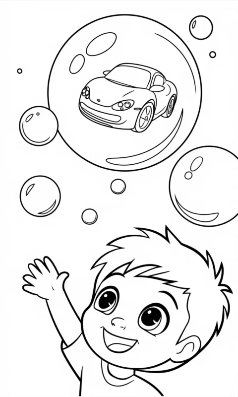 kolorowanka dla dzieci przedstawiająca chłopca bawiącego się bańkami mydlanymi z autkiem w bańce - kolorowanki babelkowy swiat gupikow