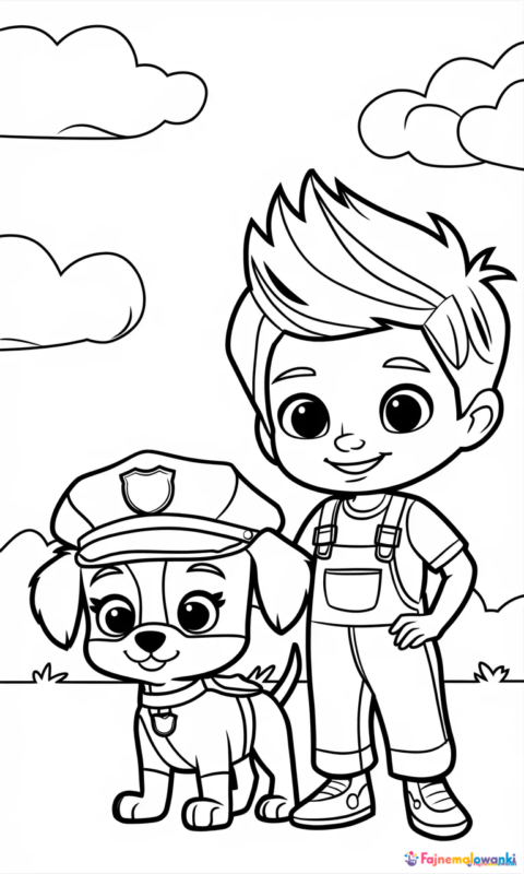 kolorowanka dla dzieci przedstawiająca chłopca i szczeniaka w policyjnym stroju do pokolorowania - kolorowanki psi patrol