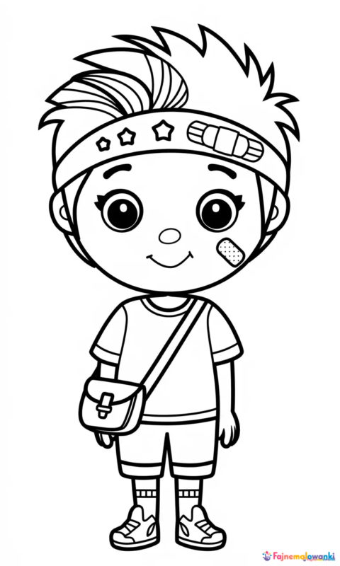 Kolorowanka dla dzieci przedstawiająca chłopca w sportowym stroju z plecakiem i plastrem na policzku - toca life world kolorowanki