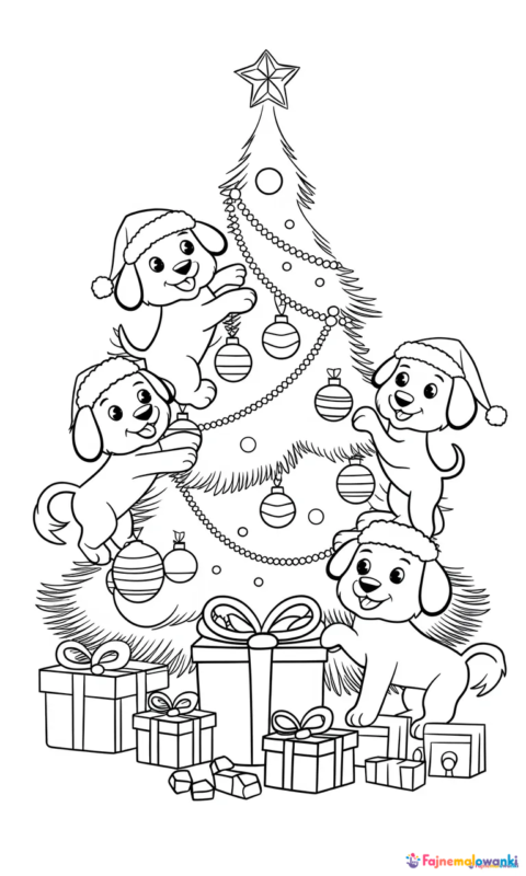 kolorowanka świąteczna z choinką i szczeniaczkami bawiącymi się ozdobami