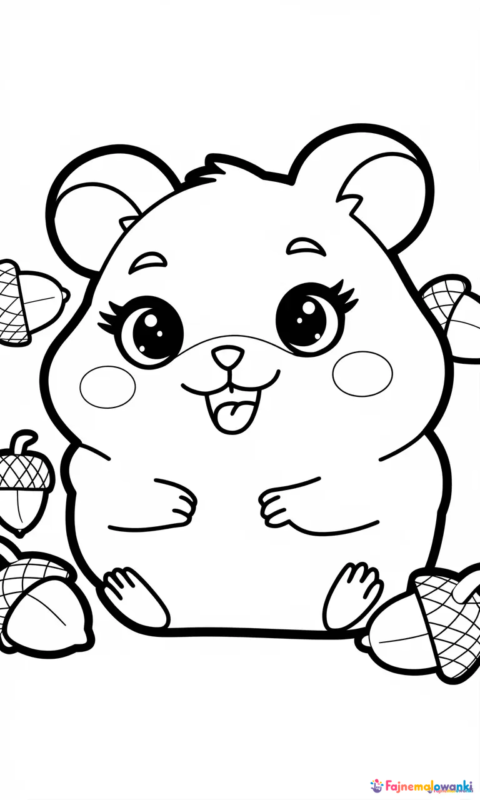 Kolorowanka dla dzieci z uroczym chomikiem w stylu kawaii z orzeszkami do pokolorowania - kolorowanki chomiki