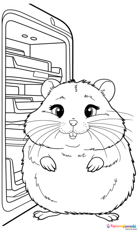 Kolorowanka dla dzieci przedstawiająca uroczego chomika zaglądającego do lodówki