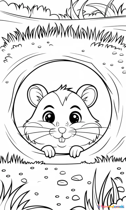 kolorowanka dla dzieci przedstawiająca uroczego chomika wyglądającego z norki