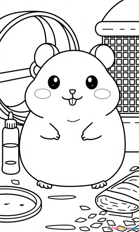 kolorowanka dla dzieci przedstawiająca uroczego chomika z akcesoriami do jego klatki