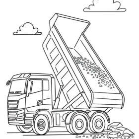 kolorowanka dla dzieci przedstawiająca ciężarówkę budowlaną wysypującą ładunek