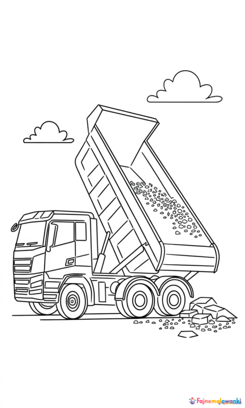 kolorowanka dla dzieci przedstawiająca ciężarówkę budowlaną wysypującą ładunek