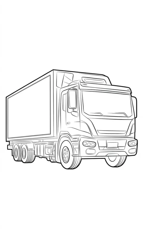 kolorowanka dla dzieci przedstawiająca ciężarówkę dostawczą z dużą naczepą do pokolorowania - kolorowanki ciężarówki