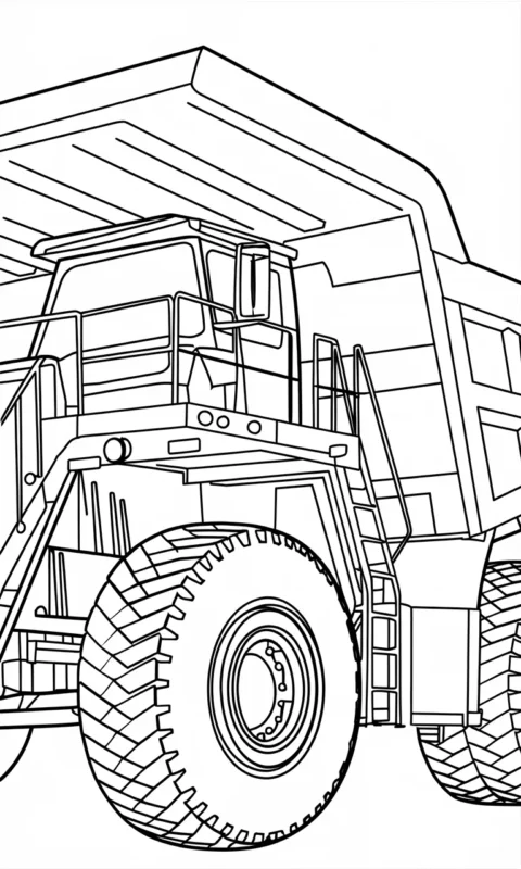 kolorowanka dla dzieci przedstawiająca wielką ciężarówkę górniczą z oponami terenowymi do pokolorowania - kolorowanki samochody