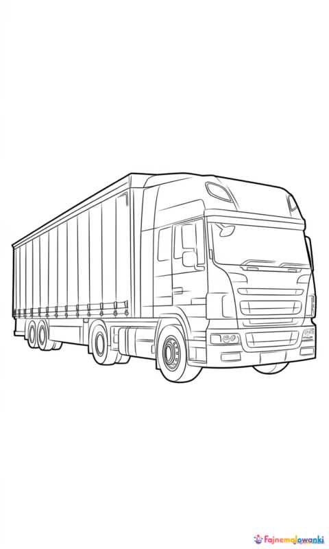 Kolorowanka ciężarówki transportowej z naczepą - obrazek do kolorowania dla dzieci przedstawiający duży samochód ciężarowy - kolorowanki ciężarówki