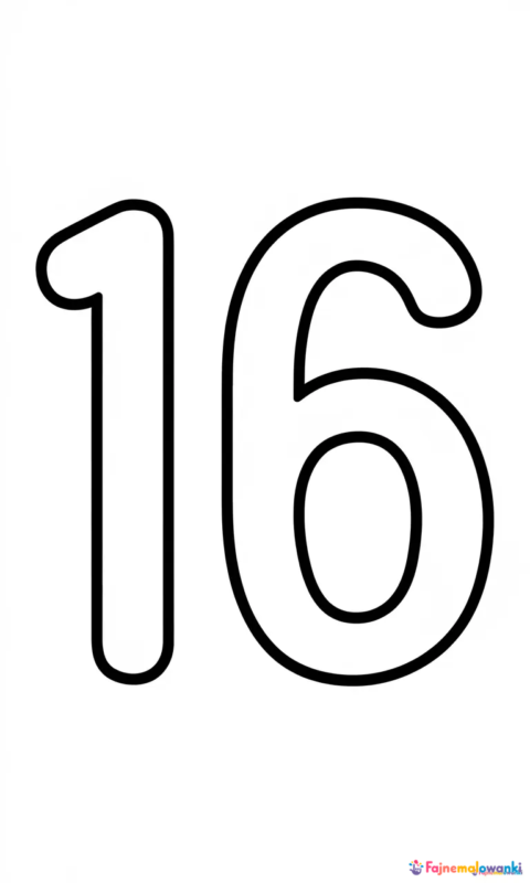 Kolorowanka z cyfrą 16 do nauki liczb dla przedszkolaków