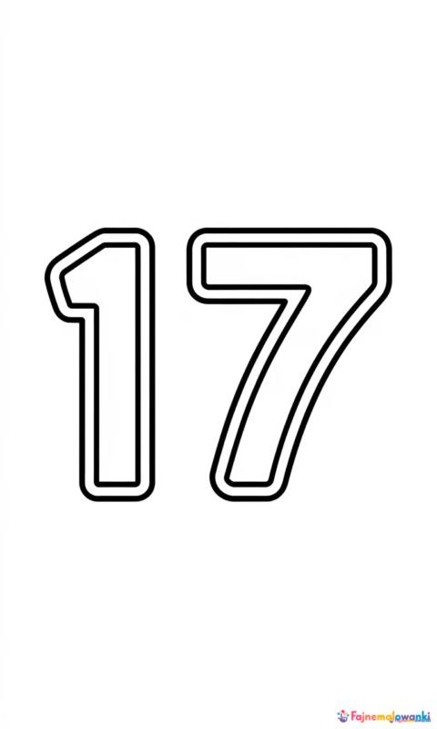 Kolorowanka dla dzieci przedstawiająca cyfrę 17 do nauki liczb i pokolorowania - kolorowanki cyfry