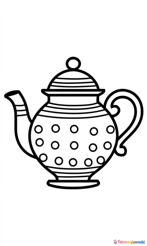 kolorowanka dla dzieci przedstawiająca ozdobny czajnik z kropkami i falistym uchwytem do pokolorowania - kolorowanki kuchnia