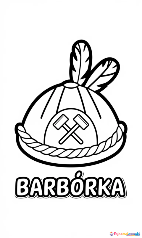 Kolorowanka górnicza czako z pióropuszem i skrzyżowanymi młotkami - tradycyjna barbórka dla dzieci do pokolorowania - kolorowanki barborka dzień górnika