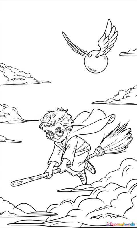 Kolorowanka przedstawiająca młodego czarodzieja na miotle latającego za złotą piłką do pokolorowania dla dzieci - kolorowanki harry potter