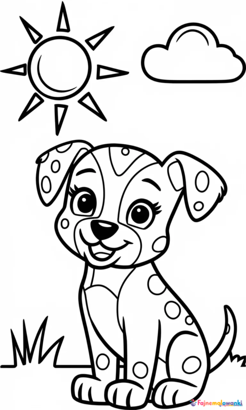 Kolorowanka dla dzieci przedstawiająca uroczego dalmatyńczyka na słonecznym tle