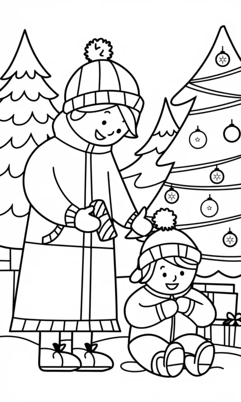 kolorowanka świąteczna dla dzieci przedstawiająca zabawne postacie dekorujące choinkę zimą - kolorowanki grinch