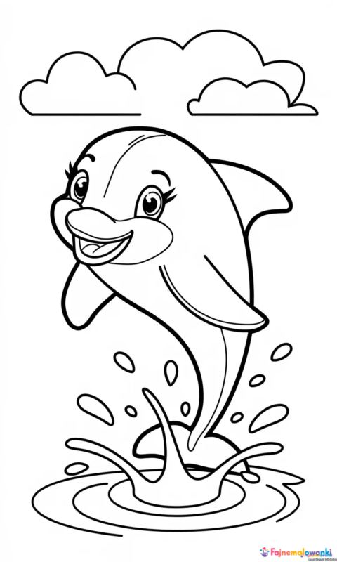 kolorowanka dla dzieci z radosnym delfinem wyskakującym z wody