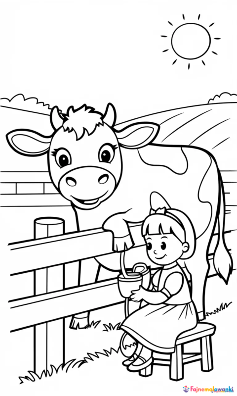 kolorowanka dla dzieci przedstawiająca dziewczynkę dojącą krowę na wiejskim podwórku