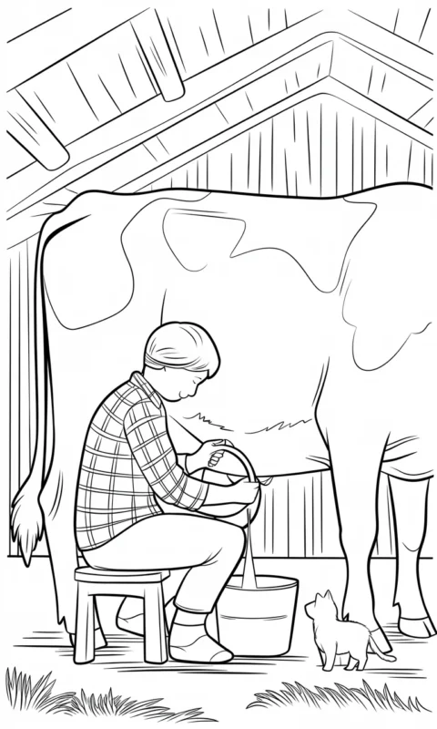 kolorowanka wiejska scena z krową i osobą dojącą mleko