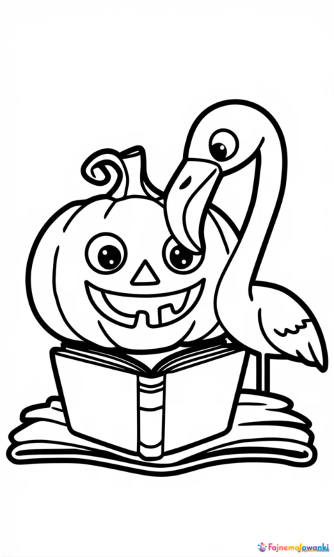 kolorowanka dla dzieci z dynią i flamingiem czytającymi książkę