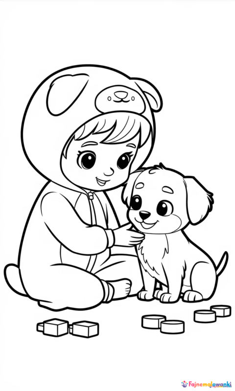 kolorowanka dla dzieci z małym dzieckiem w stroju zwierzątka bawiącym się ze szczeniaczkiem