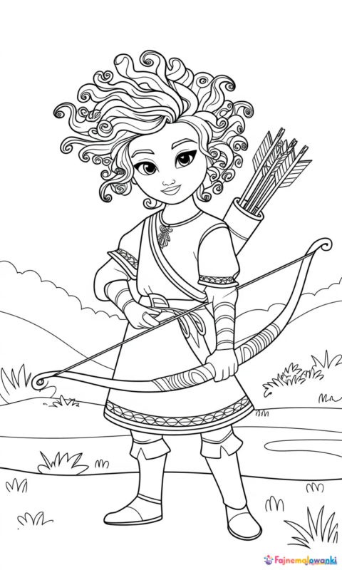 kolorowanka dla dzieci z łuczniczką w średniowiecznej sukni z kręconymi włosami do pokolorowania - kolorowanki merida waleczna