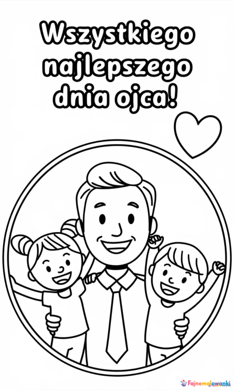 Kolorowanka dla dzieci z okazji Dnia Ojca przedstawiająca tatę z dwójką dzieci w okrągłej ramce - kolorowanki dzień ojca