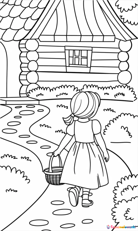 Kolorowanka dla dzieci przedstawiająca dziewczynkę z koszyczkiem przed chatką w lesie